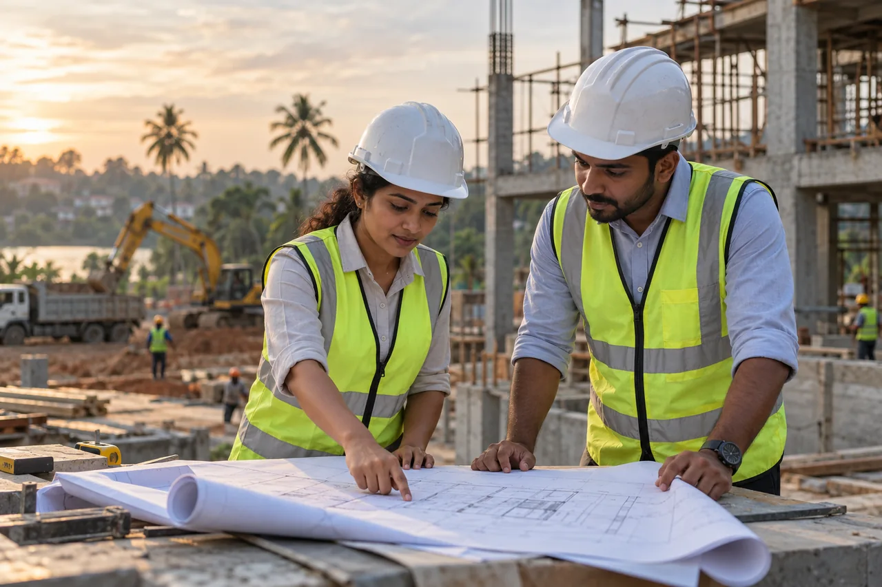 Illustrative Sri Lankan engineers reviewing construction plans